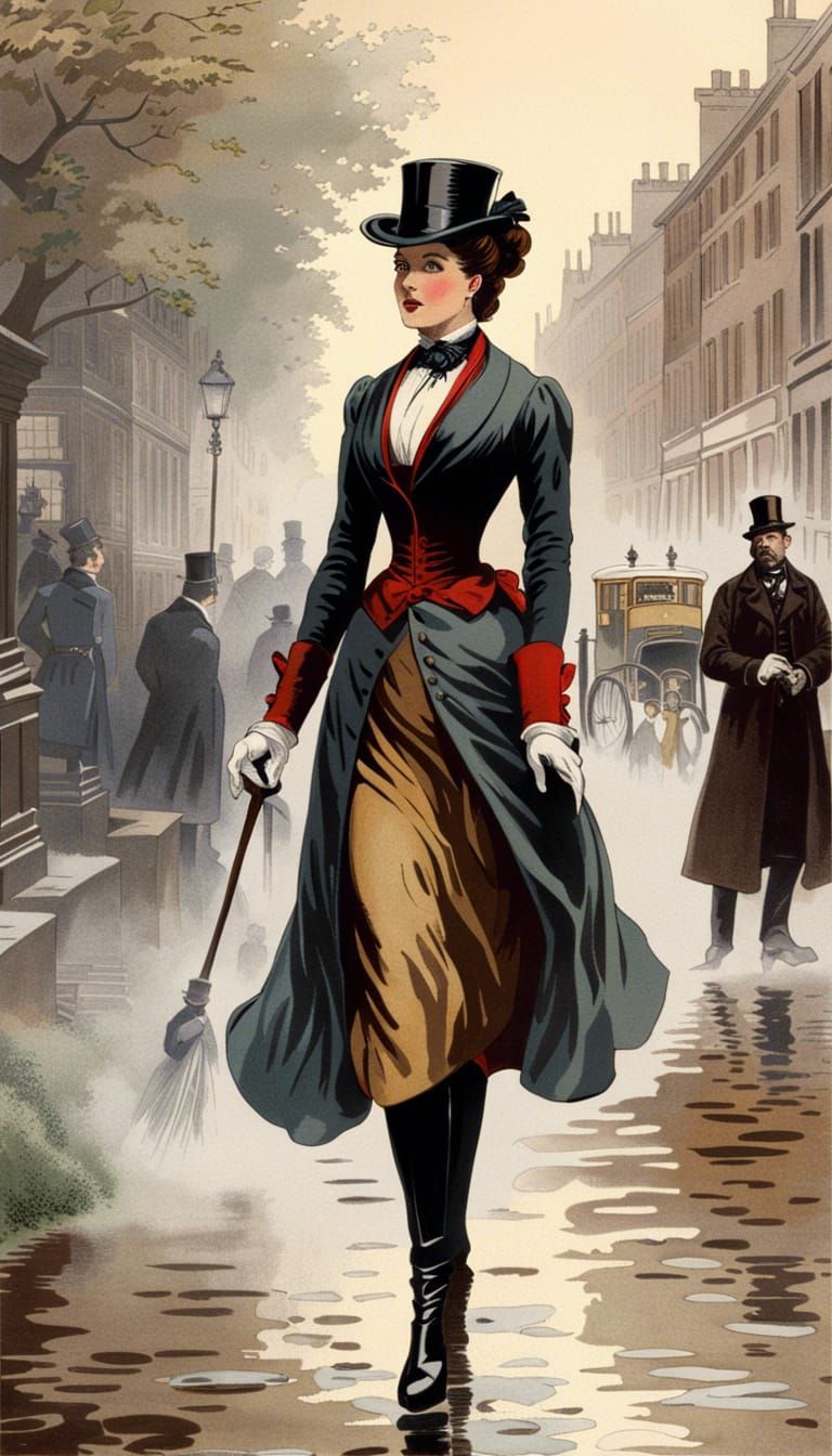 Misty London Street Scene with Woman in Comic Art Style