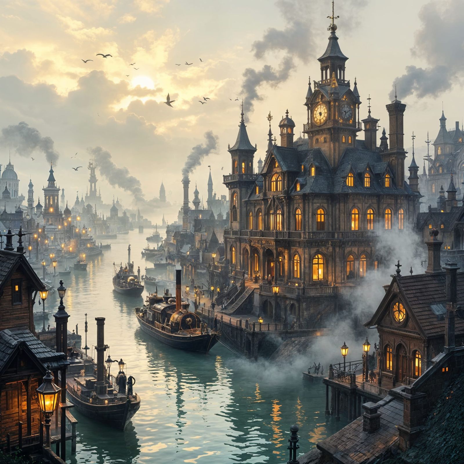 Late Victorian Steampunk Cityscape with Docks