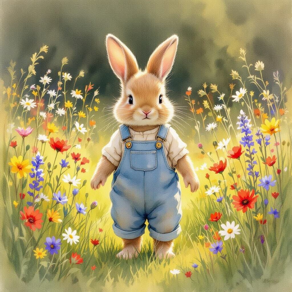 Rabbit-Child in Meadow, Watercolor Style