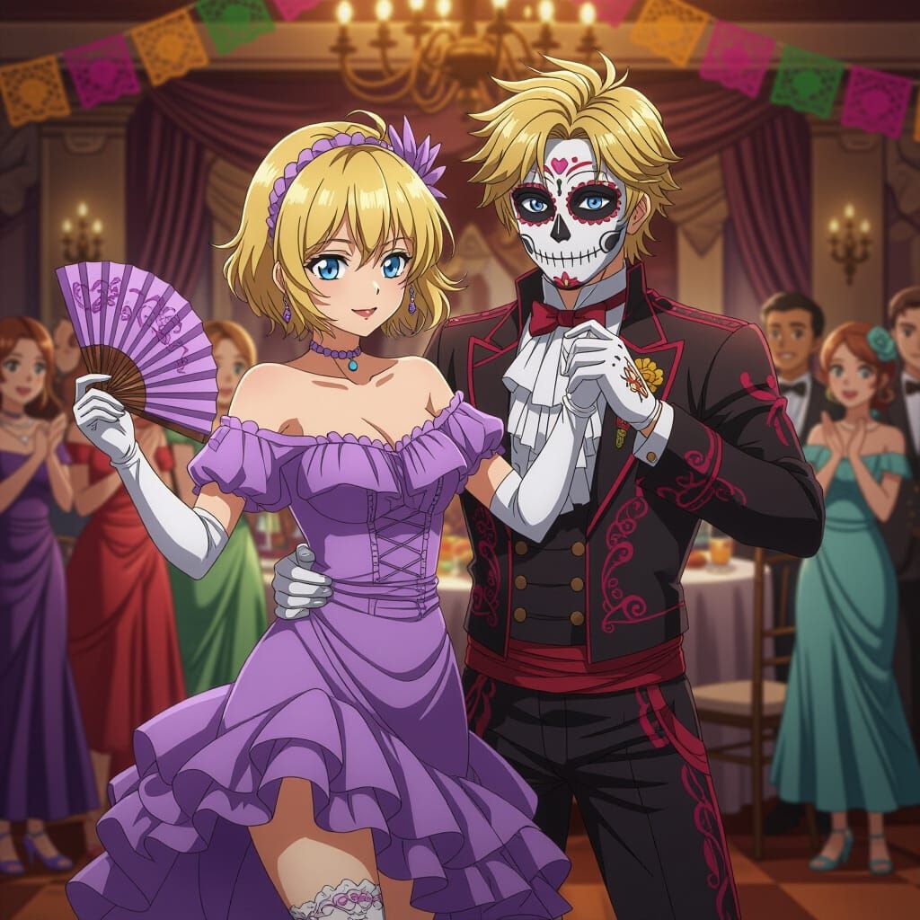 Anime Couple Dancing Samba at Day of the Dead Ball