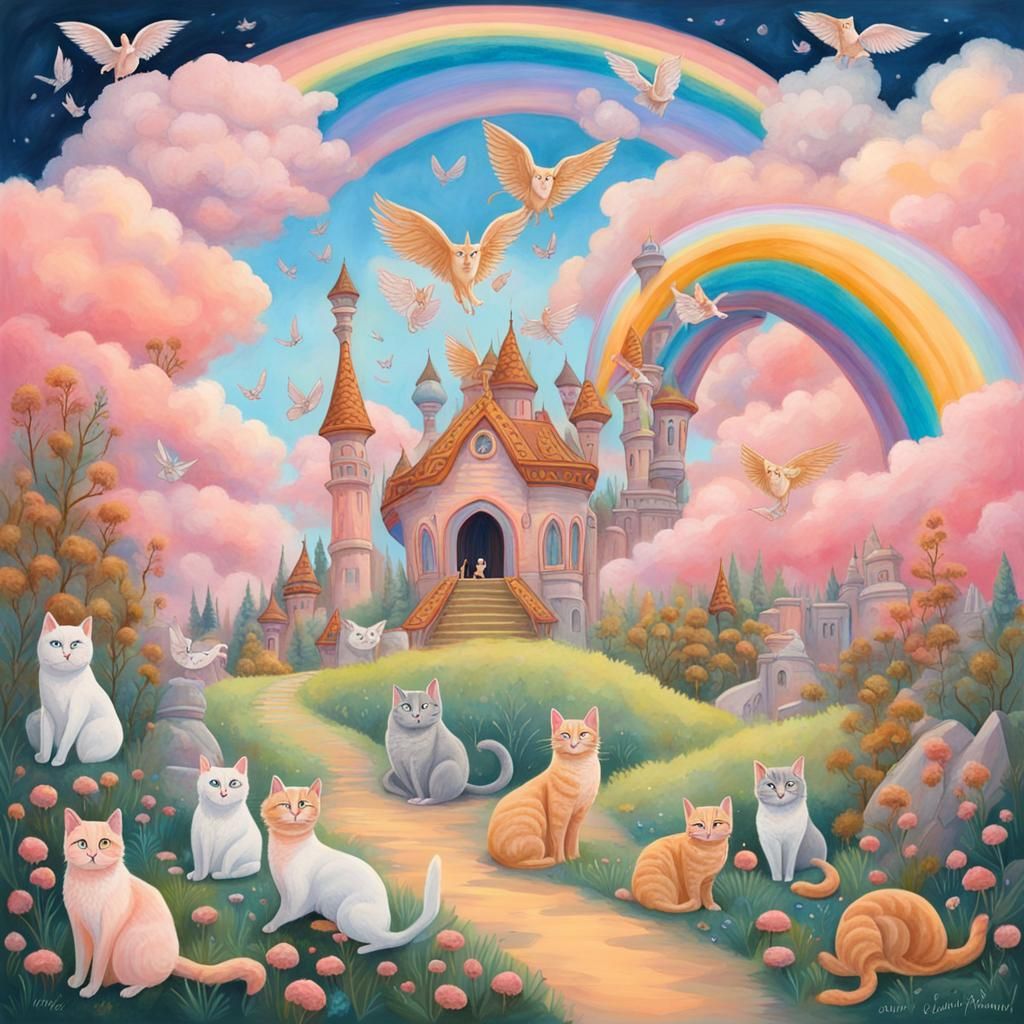 Winged Cats Soar in Purradise: A Gouache Painting