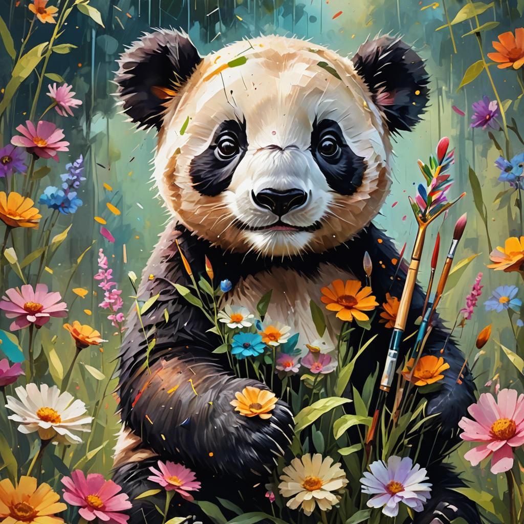 Panda's Floral Masterpiece: Koala Portrait in Garden
