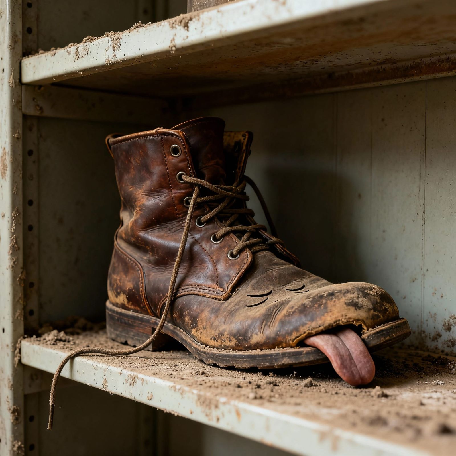 Worn Leather Boot with Sleepy Expression on Dusty Shelf