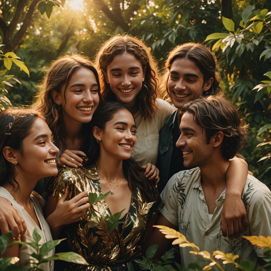 Friends Embrace in Golden Hour: Hyperrealistic Digital Art