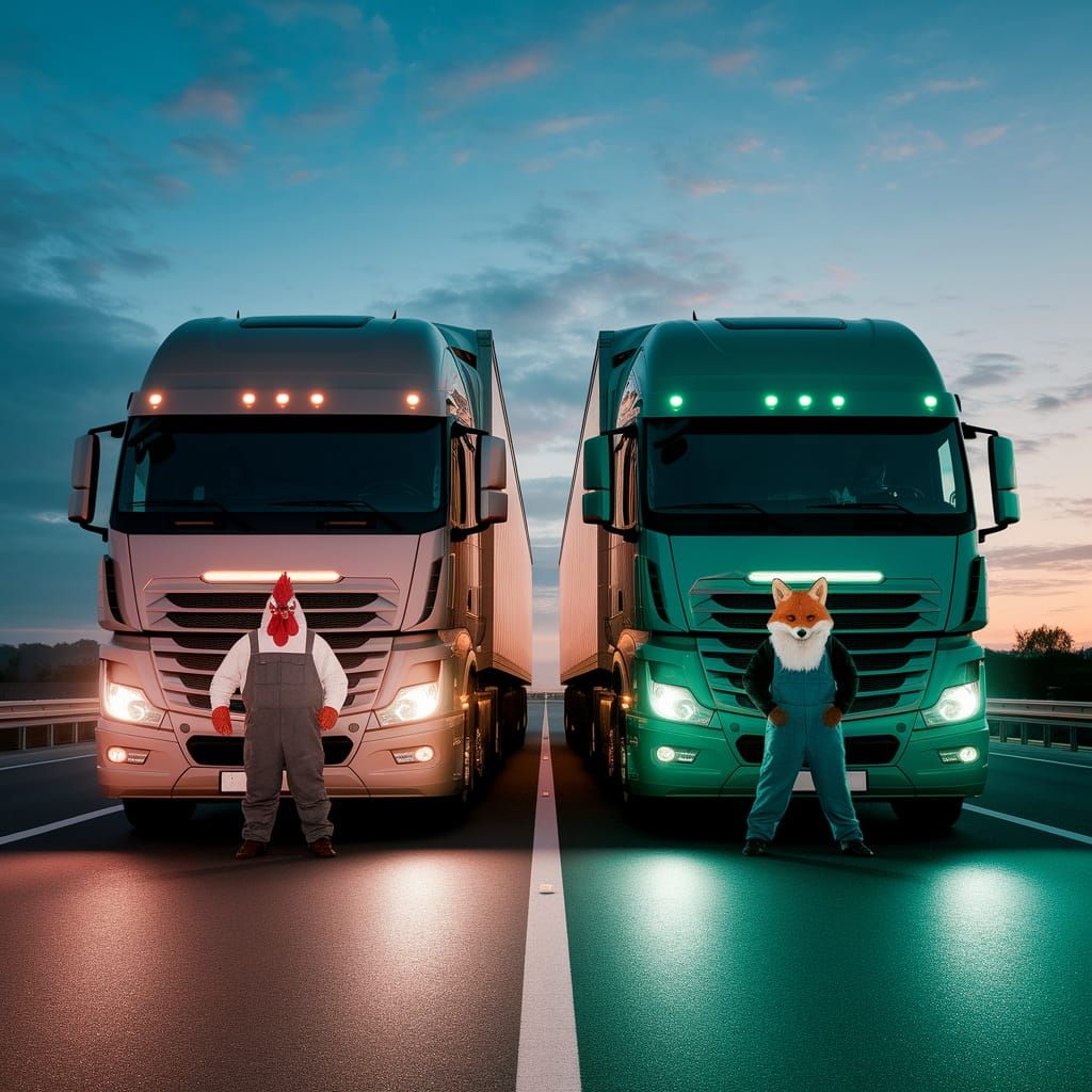 Rooster and Fox Truck Drivers in Pre-Raphaelite Style