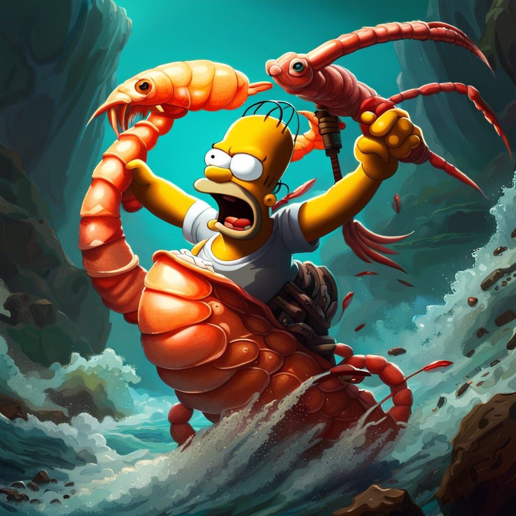 Homer Simpson Rides Giant Shrimp: Hyperrealistic Splash Art