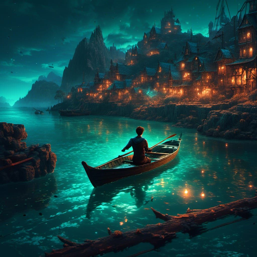 Man Rowing Boat on Teal Sea: Detailed Matte Painting