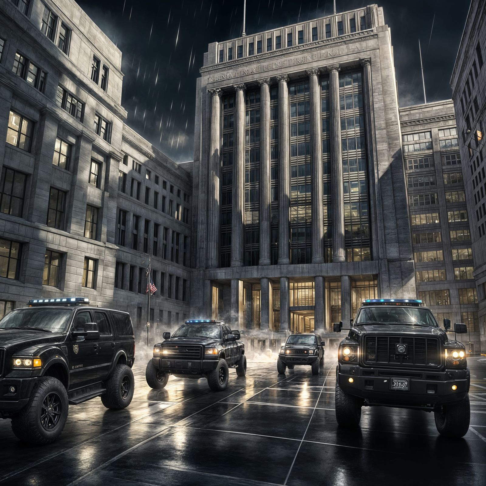 Hyperrealistic Federal Building with Black Vehicles