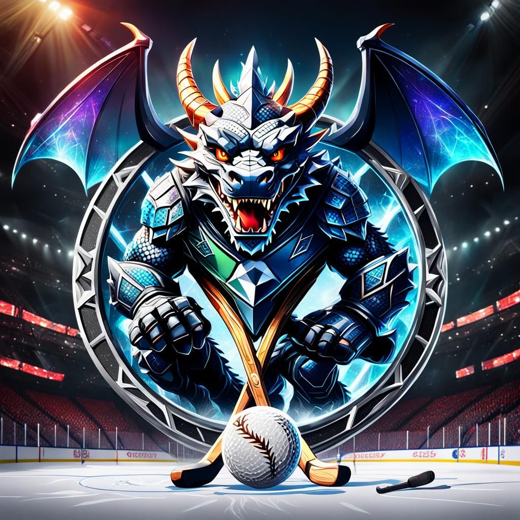 Dragon Hockey Logo with Crossed Sticks in Fantasy Art