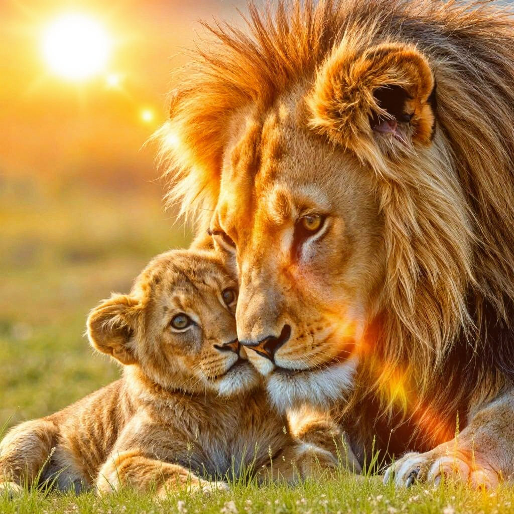Photorealistic Lion Father and Cub in Golden Sunlight