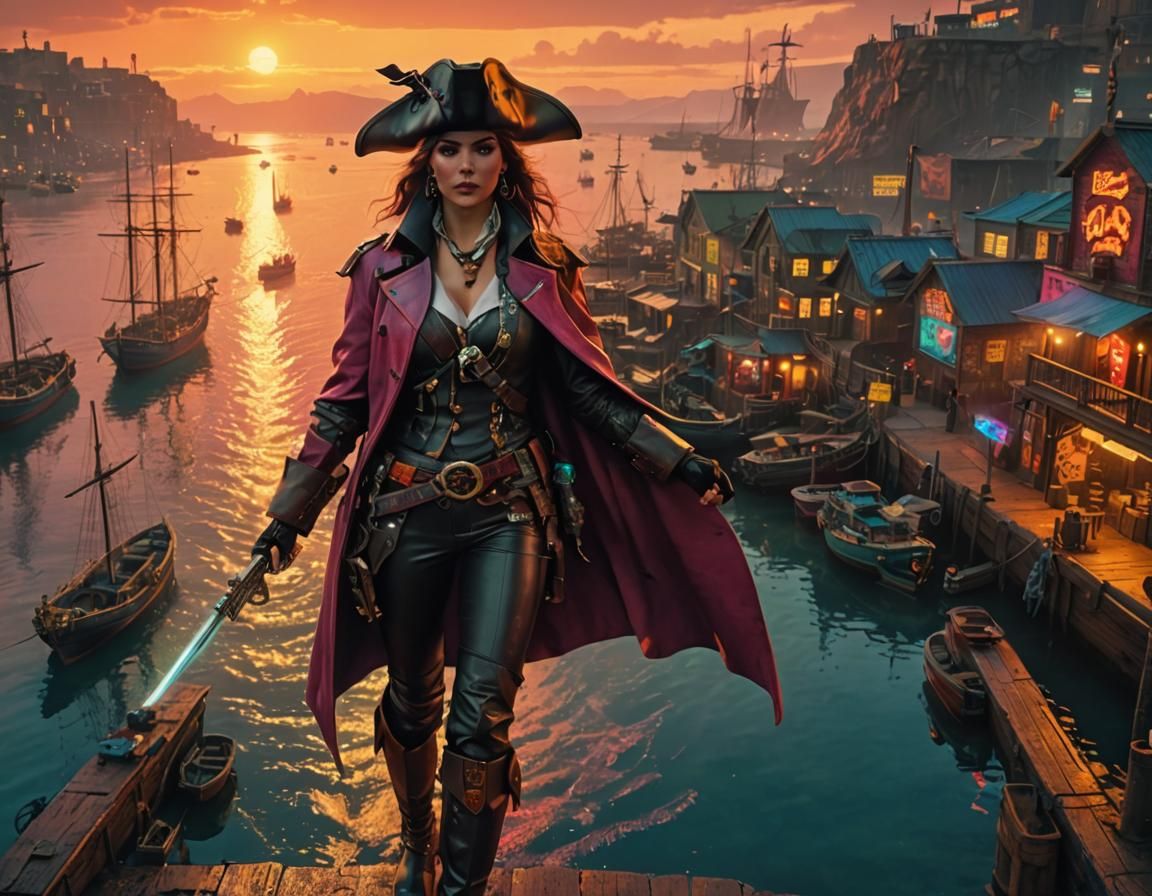 Cyberpunk Heroine Stands Guard in Futuristic Harbour