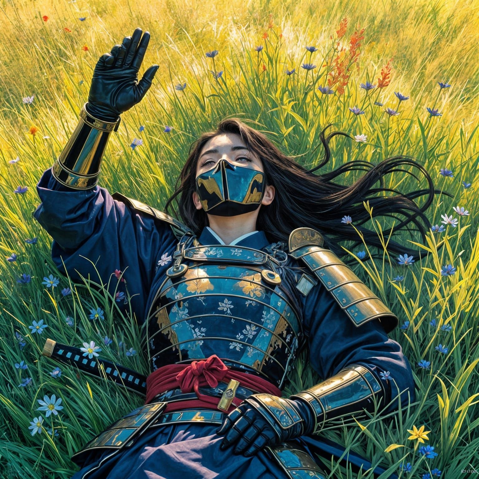Samurai Warrior in Golden Hour Field, Oil Painting Style