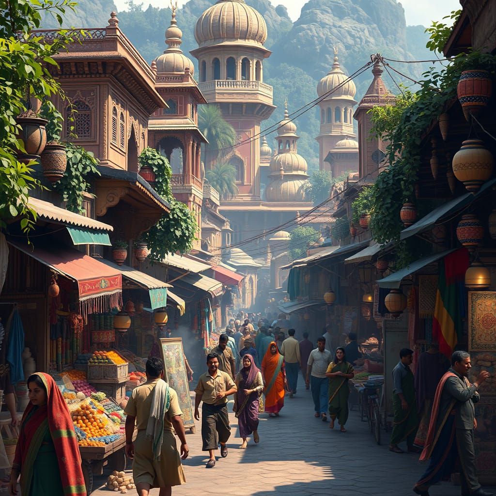 Vibrant Indian Fantasy Market Scene in Fantasy Concept Art S...