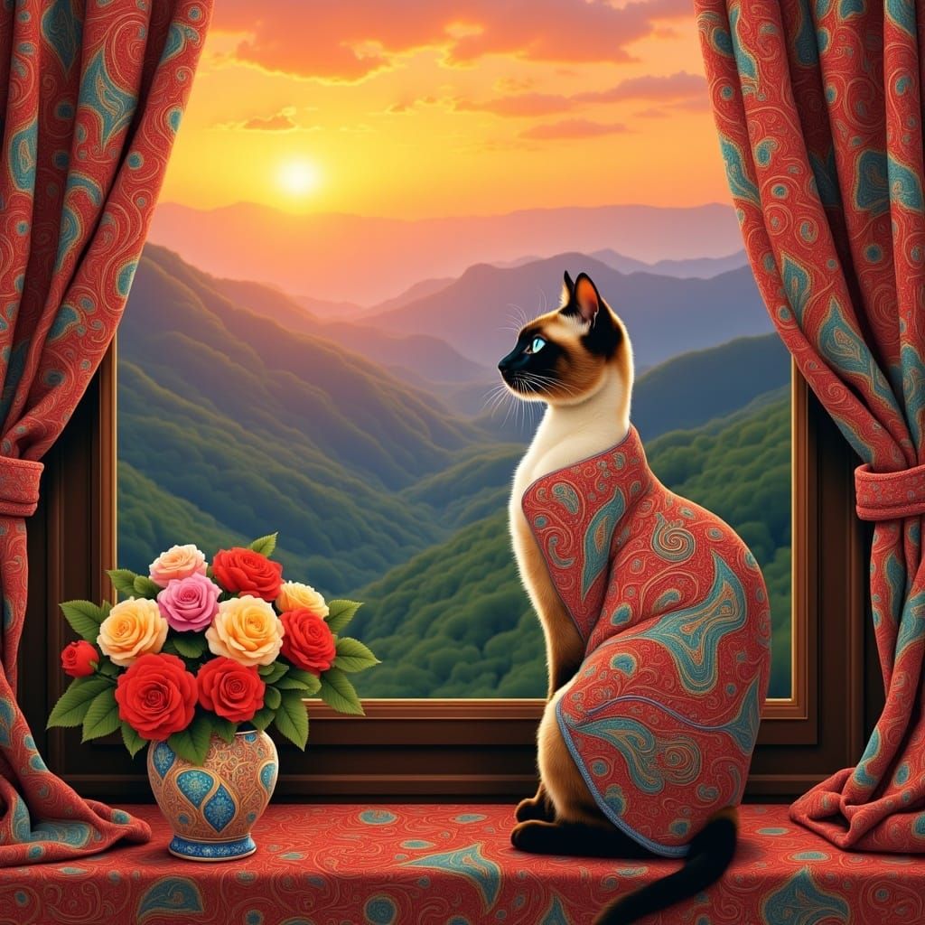 Athena Cat Admires Paisley Vase and Valley View