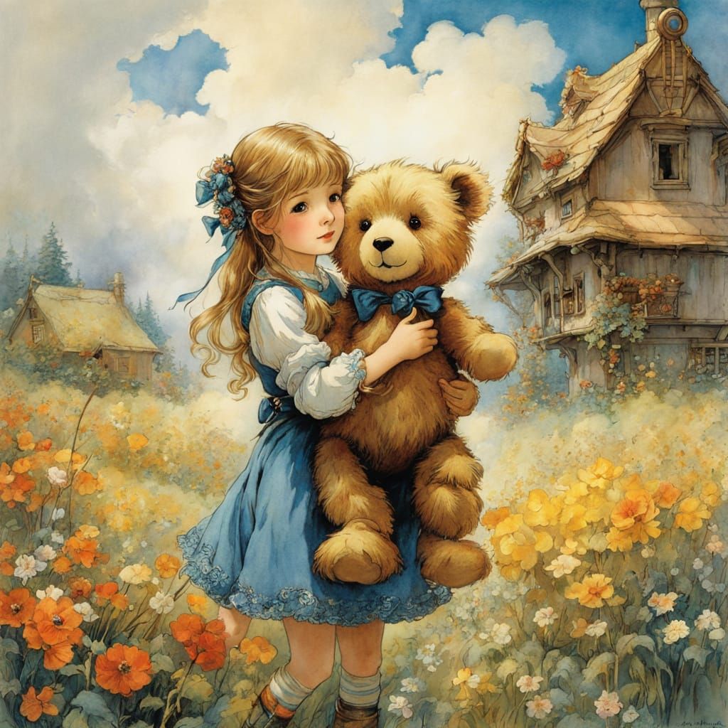 Charming Girl with Teddy Bear in Anime Style