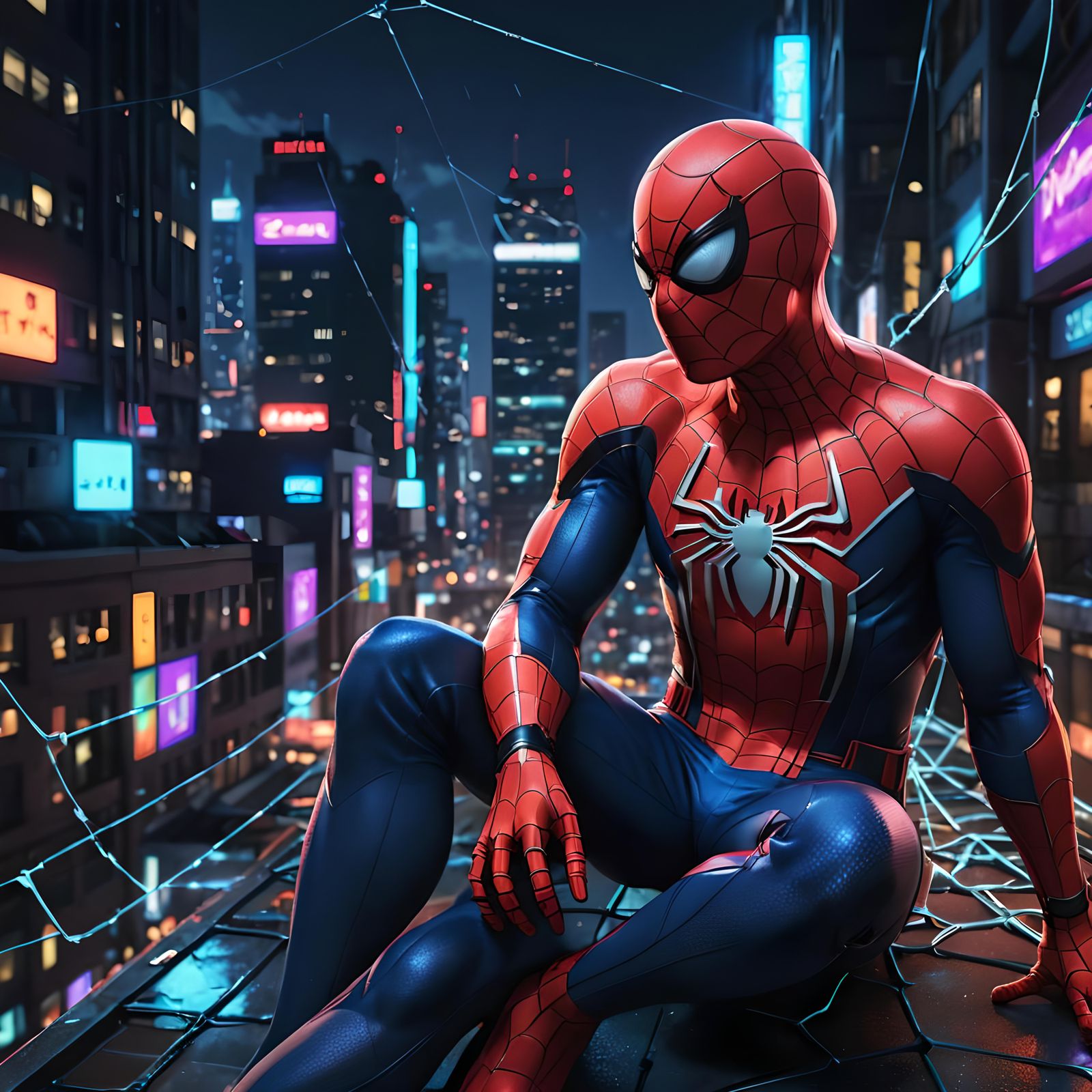 Sad Spider-Man in Neon Cityscape: 3D Anime Art