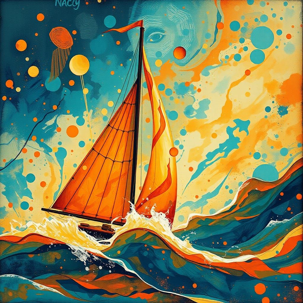 Abstract Expressionist Batik of Sailboat on Windy Sea