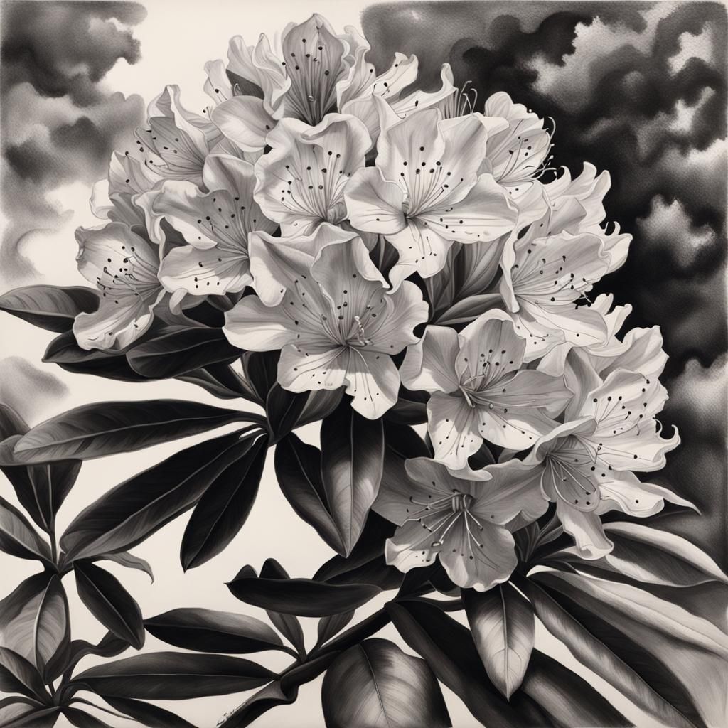Hyperdetailed Charcoal Drawing of a Rhododendron