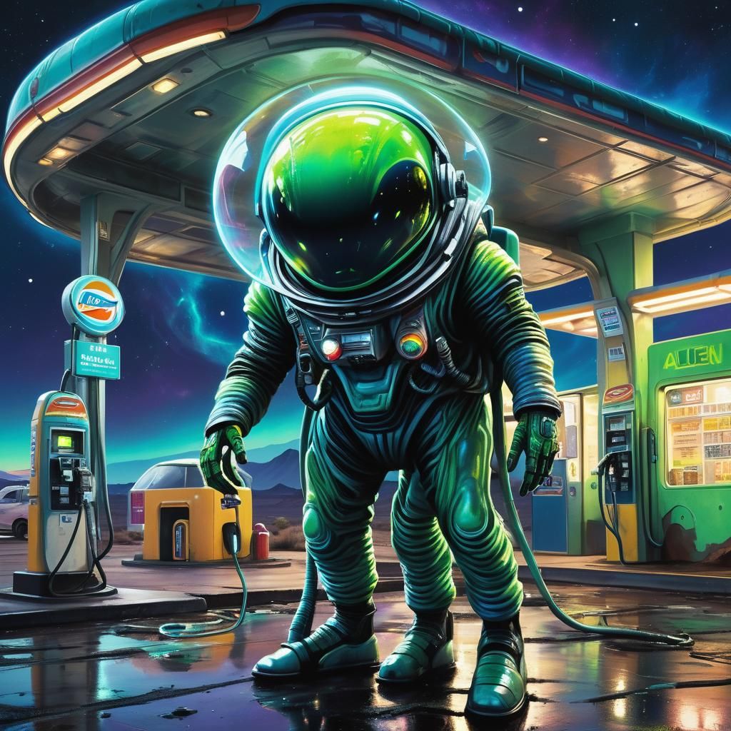 Alien Filling Spaceship at Neon Gas Station