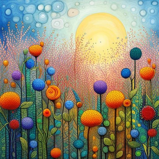 Surreal Garden Painting in Tim Burton Style