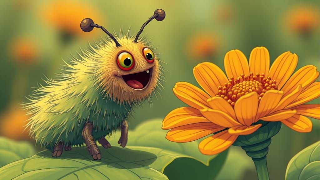 Stylized Caterpillar Approaches Flower, Modern Digital Art