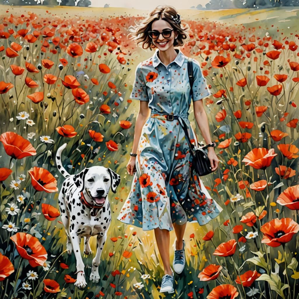 Fashionista and Dalmatian in Poppy Field, Painterly Style