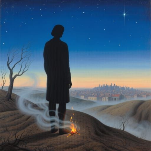Solitary Figure Gazes at Starlit City in Surrealist Style