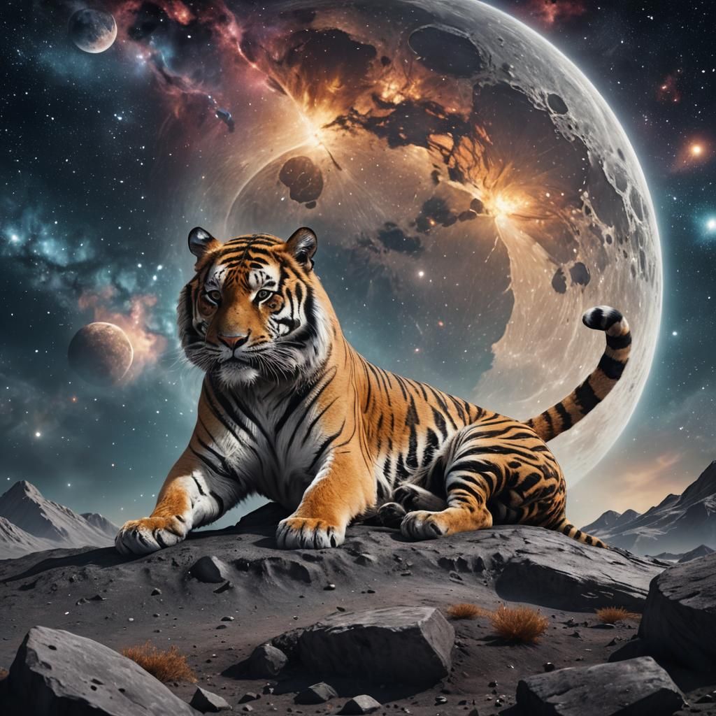 Tiger on the Moon in Detailed Matte Painting
