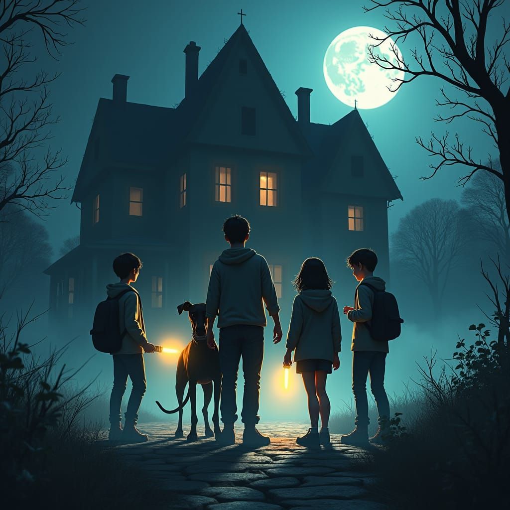 Teen Mystery Solvers at Abandoned Mansion in Matte Painting