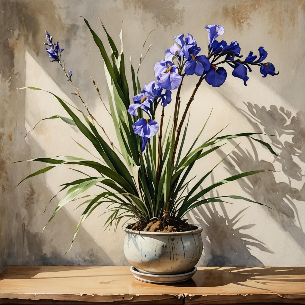Ikebana with iris flowers, watercolor