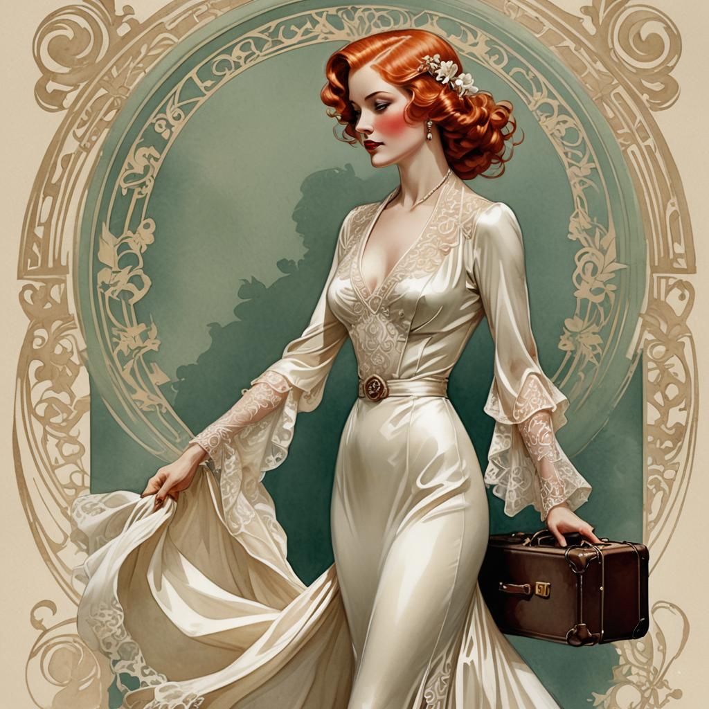 Elegant Woman with Suitcase in Art Nouveau Style