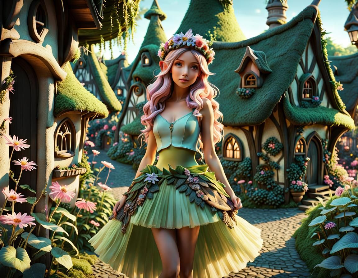 Detailed Fairy Village at Magic Hour