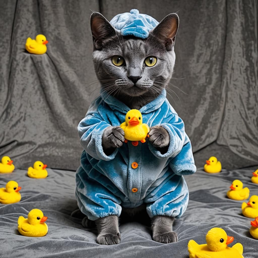 Russian Blue Cat in Rubber Ducky Sleepwear