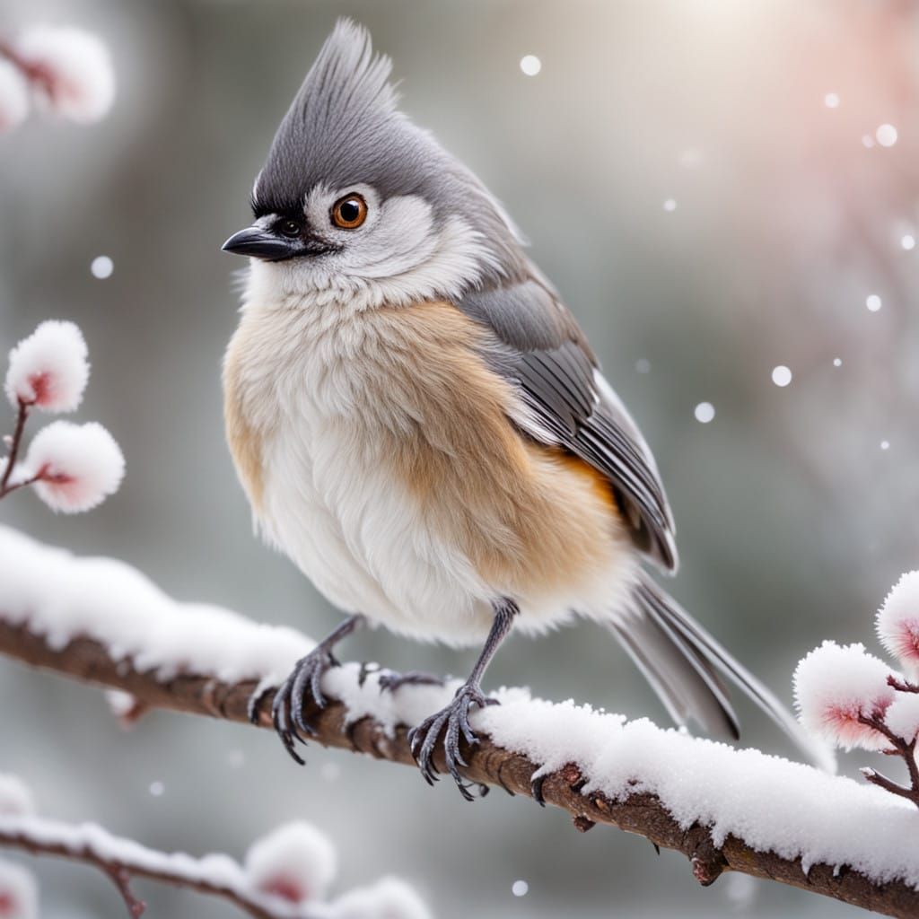 Serene Snowy Tufted Titmouse in Photorealistic Detail