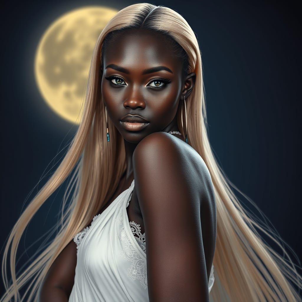 Regal Woman Under Moonlight in Elegant Nightwear