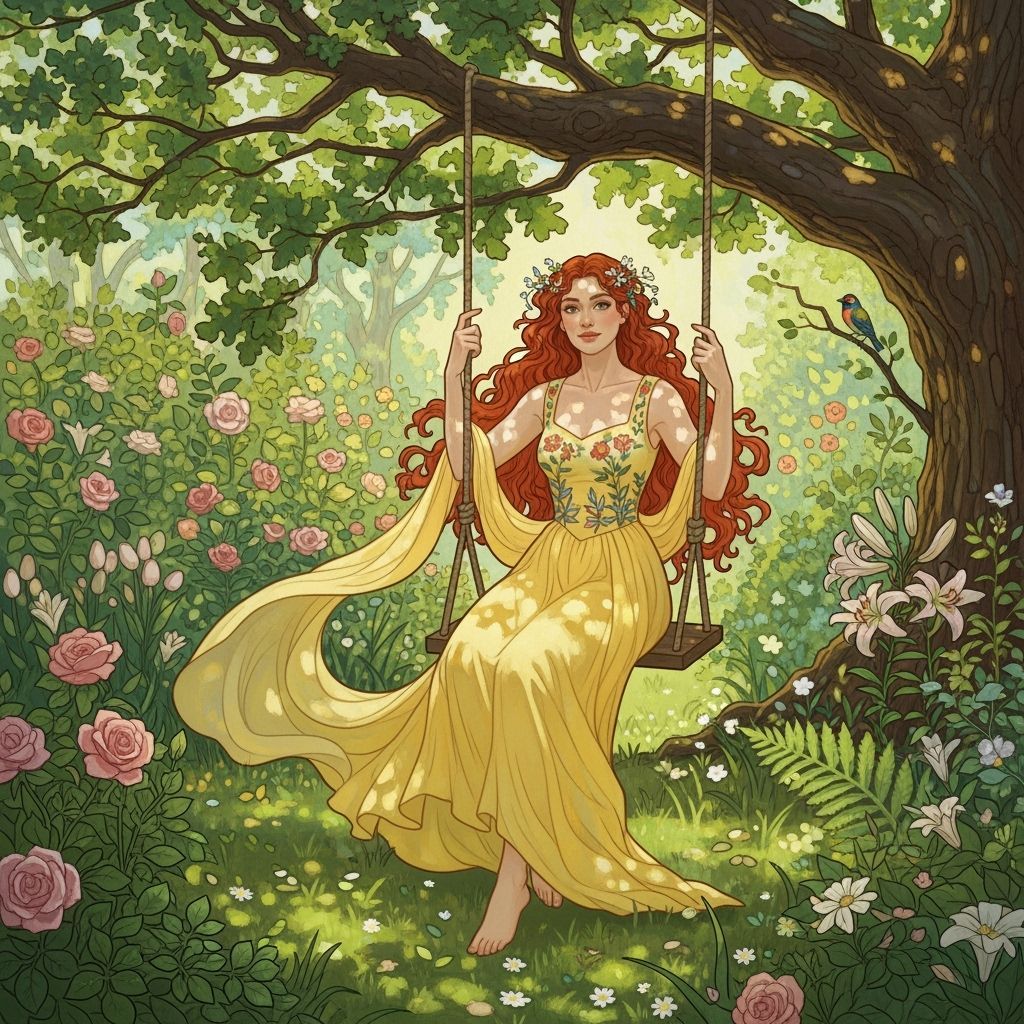 Women on Rope Swing in Lush Garden, Art Nouveau Style