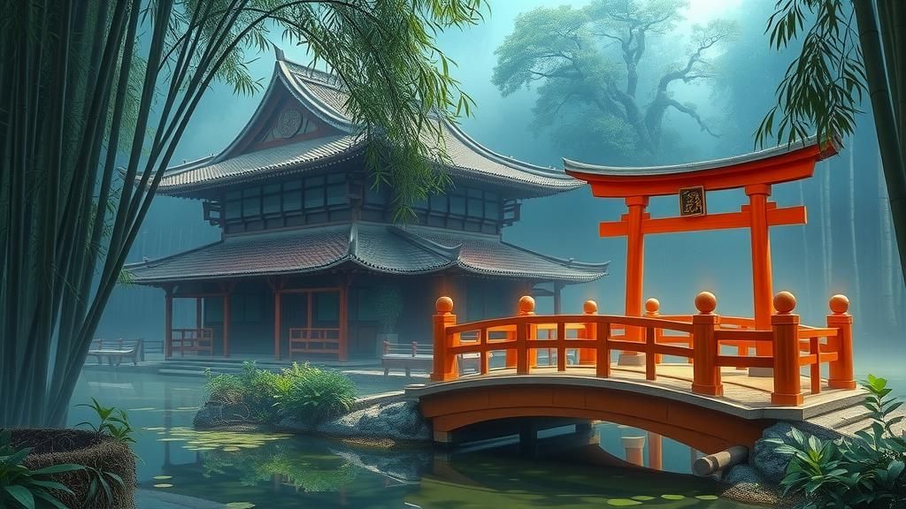 Japanese House in Bamboo Grove, Ethereal Matte Painting