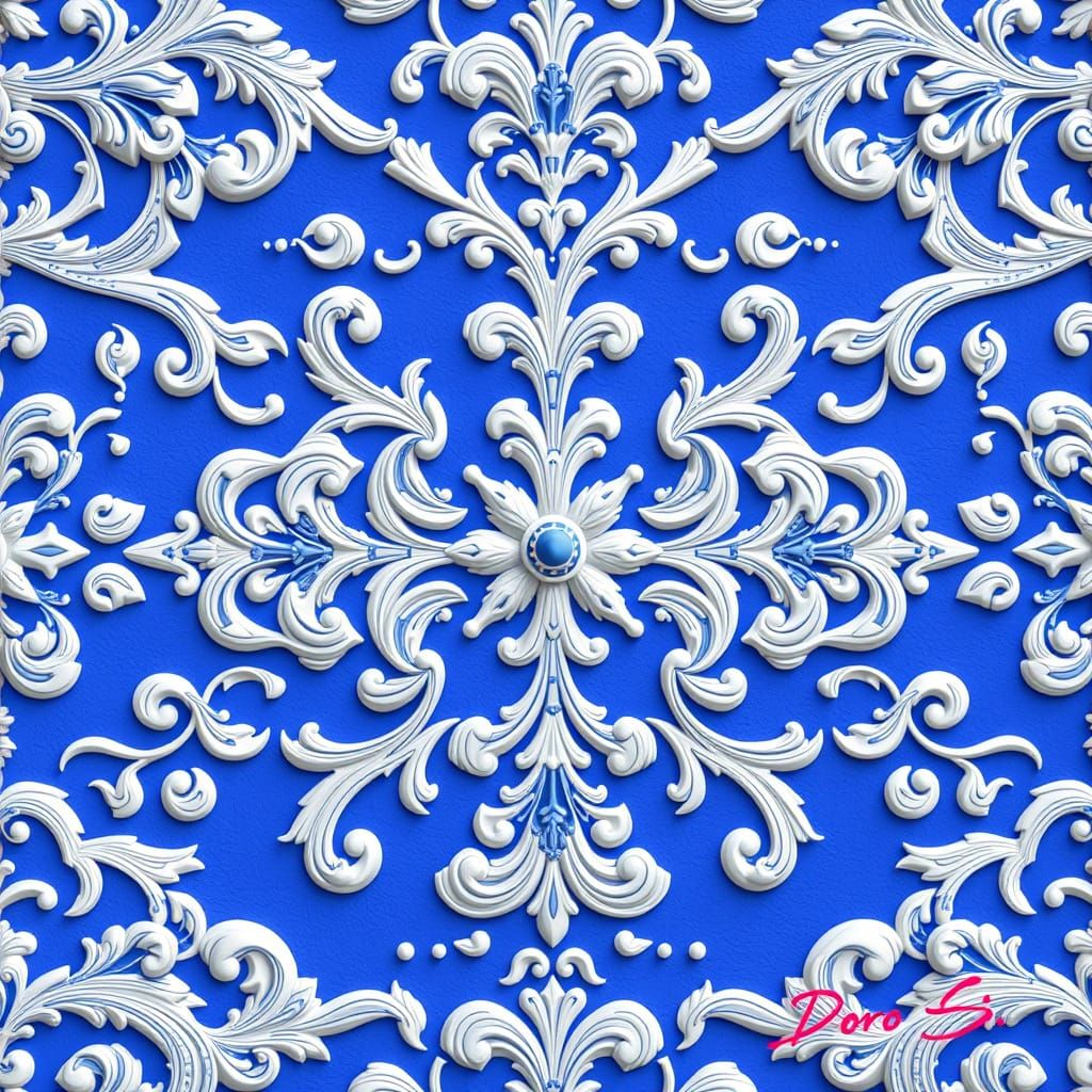 Baroque Ornament in Blue and White, Anime Art Style
