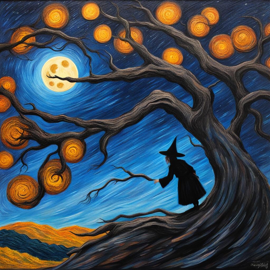 Witch Gazing at Lunar Eclipse in Van Gogh Style