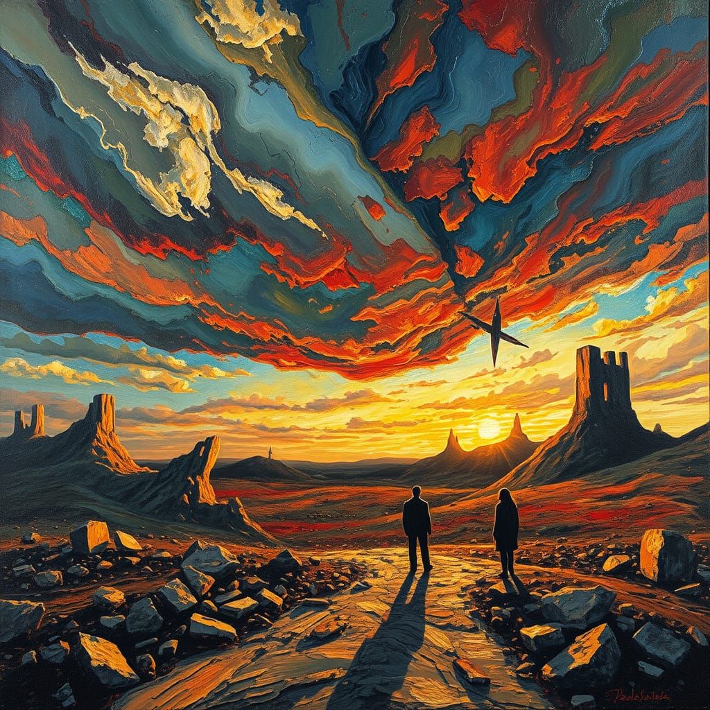 Neo-Impressionist Oil Painting of Passionate Figures Amidst ...