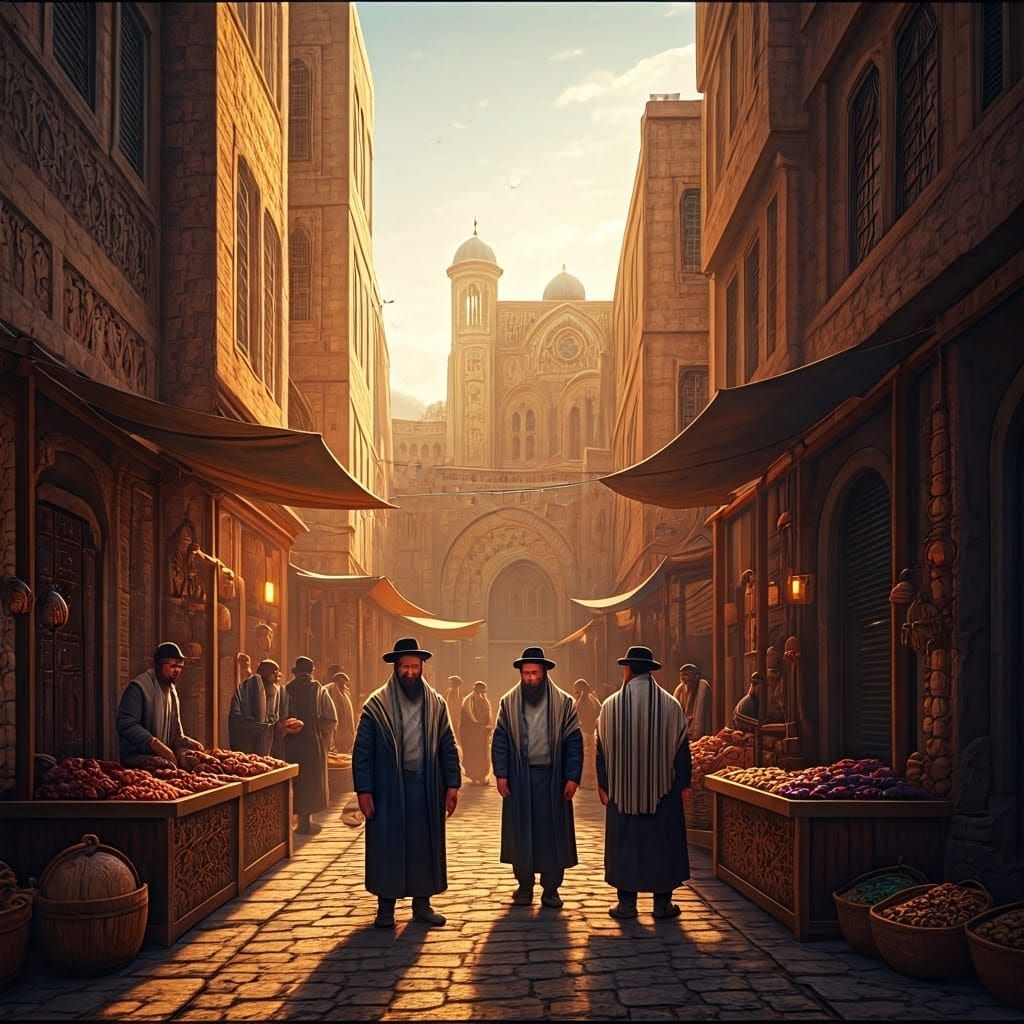 Traditional Jewish Town Market Scene in Warm, Earthy Tones