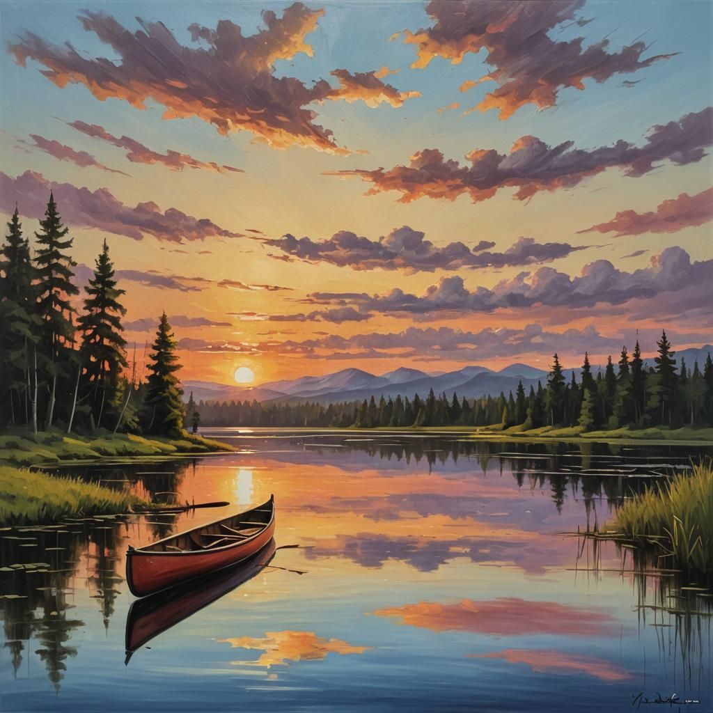 Canoe on Lake at Sunset: An Oil Painting