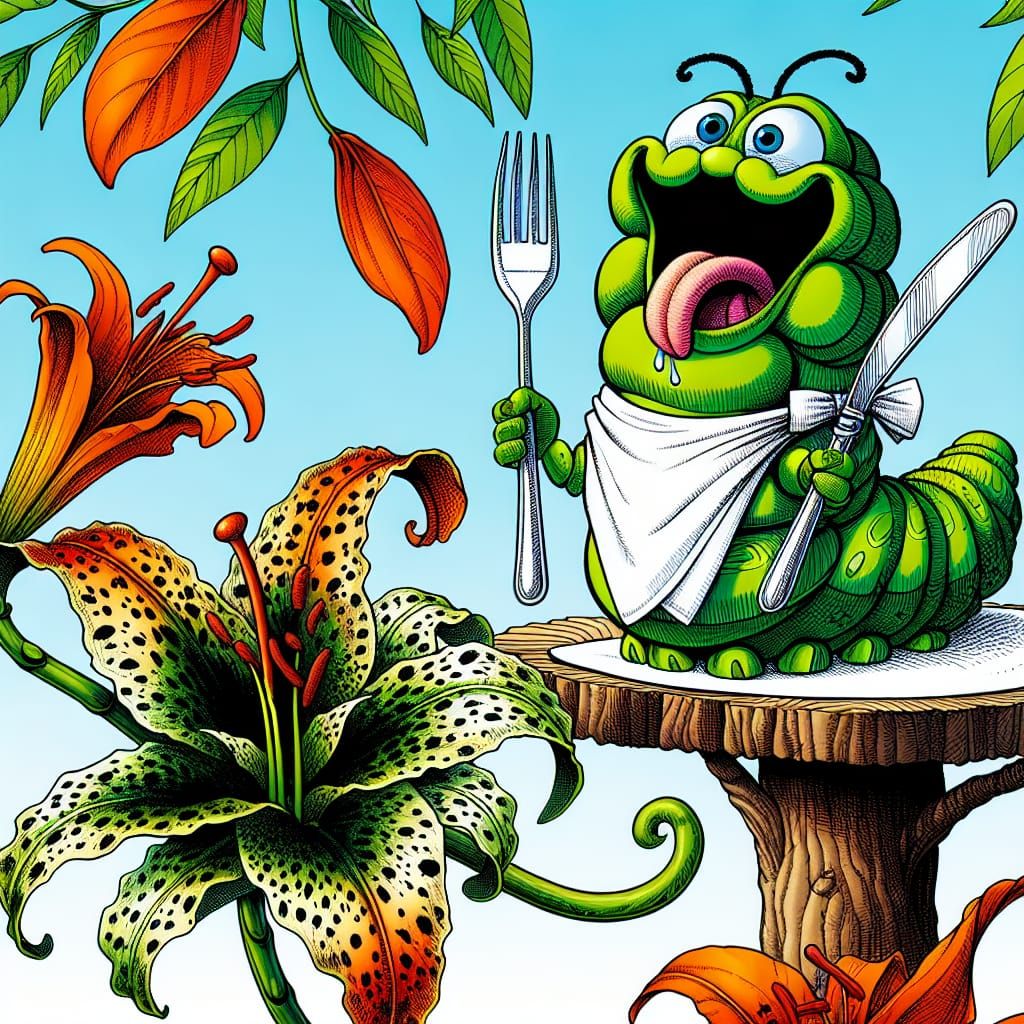 Cartoon Caterpillar Ready to Eat in Tree