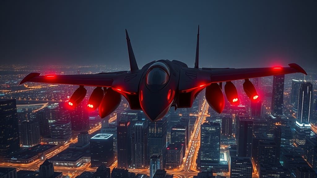 Cyberpunk Nighttime Cityscape Unveils Stealth Fighter Raven