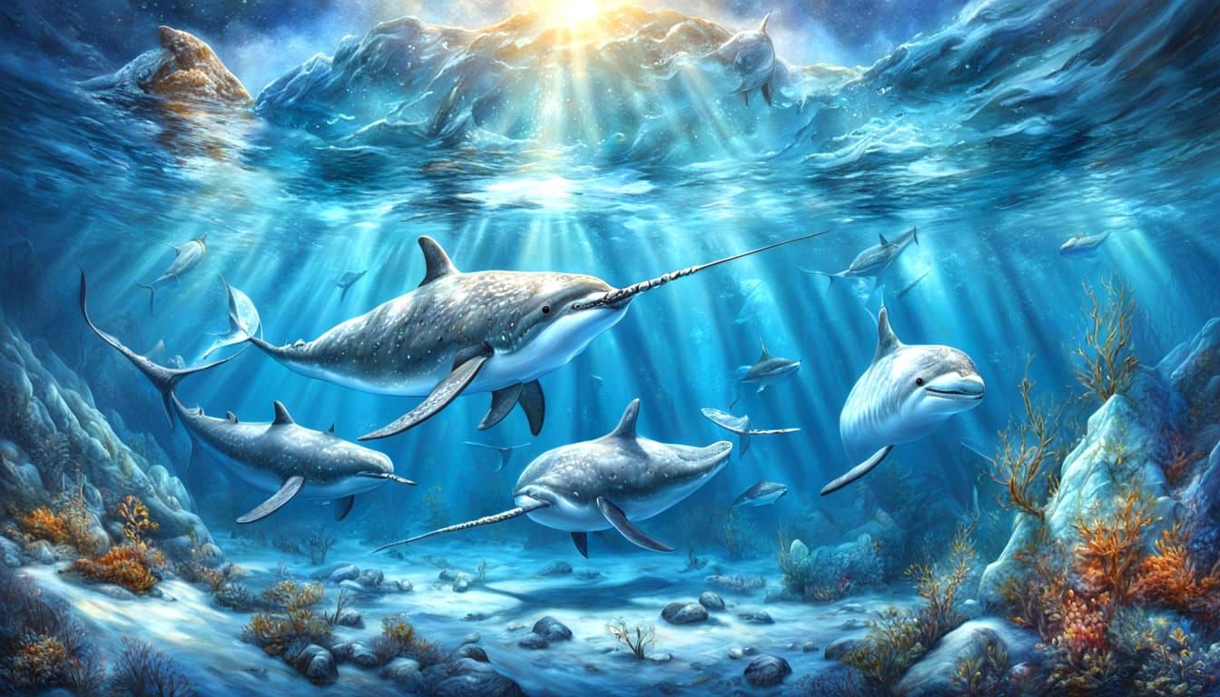 Narwhals Swimming Under Ice: Hyperrealistic Oil Painting