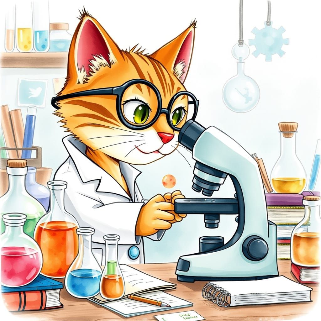 Cartoon Cat Scientist in Watercolor Style