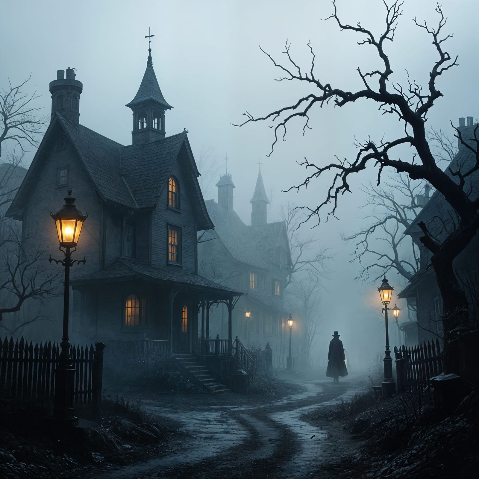 Creepy Foggy Village in Gothic Horror Style
