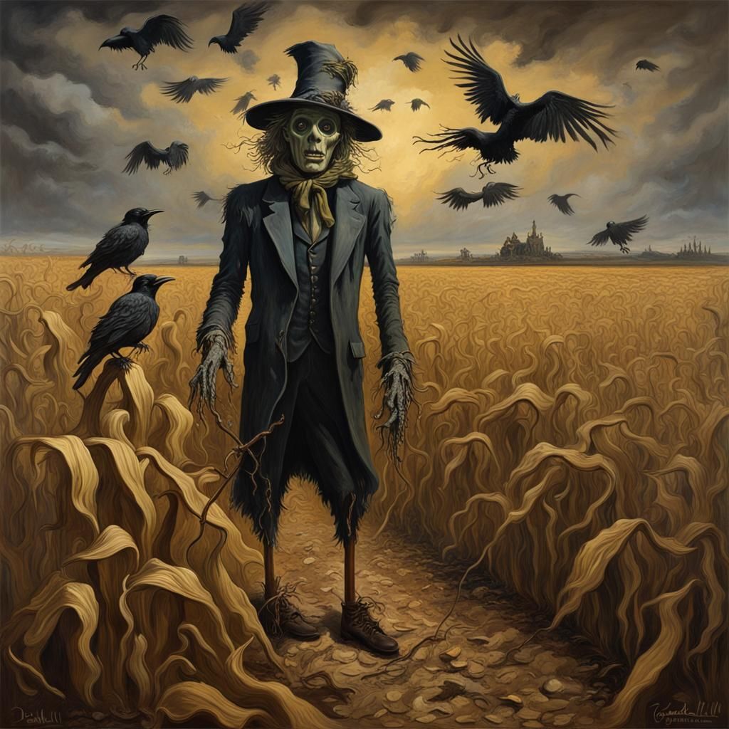 Surreal Scarecrow Beset by Crows at Dusk