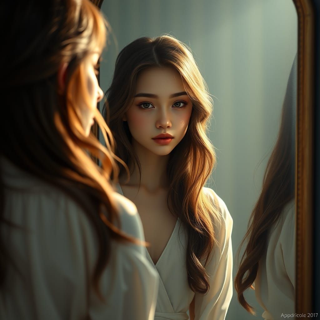 Serene Brunette Beauty Contemplates Her Reflection in a Hype...