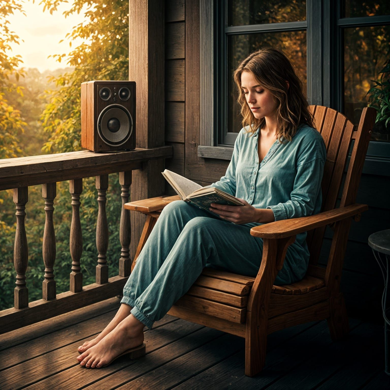 Woman Reading on Inviting Porch with Stereo